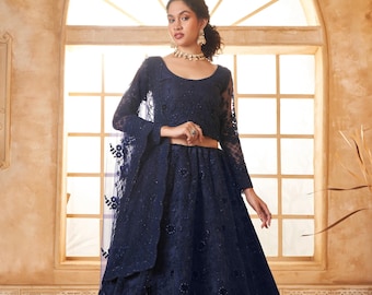 Navy Blue Embroidered Lehenga Choli, Bridal Wedding Dress