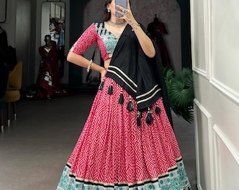Bandhej Ajrakh Print Rayon Lehenga Choli: Gujarati Chaniya
