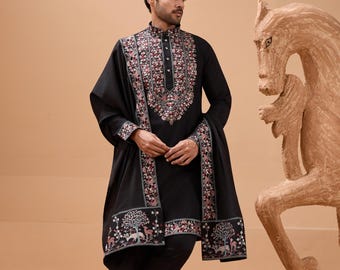 Men's Black Viscose Silk Kurta Set | Embroidered Dupatta, Indian Wedding