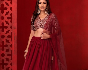 Red Georgette Lehenga Choli: Sequins & Zari Embroidery, Indian Bridal Wear