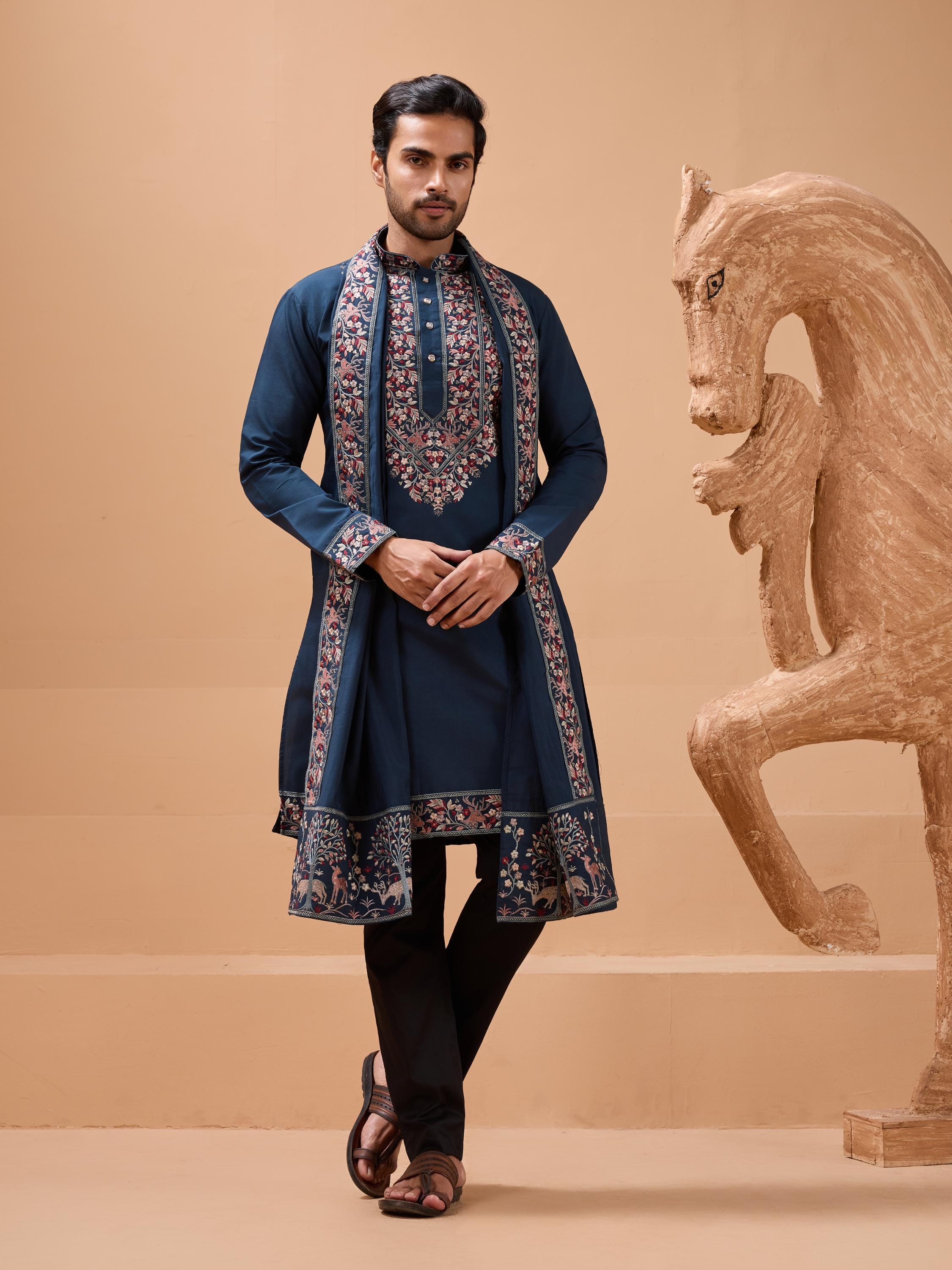 Hand Embroidered Teal Viscose Silk Kurta Set Indian Ethnic Wear