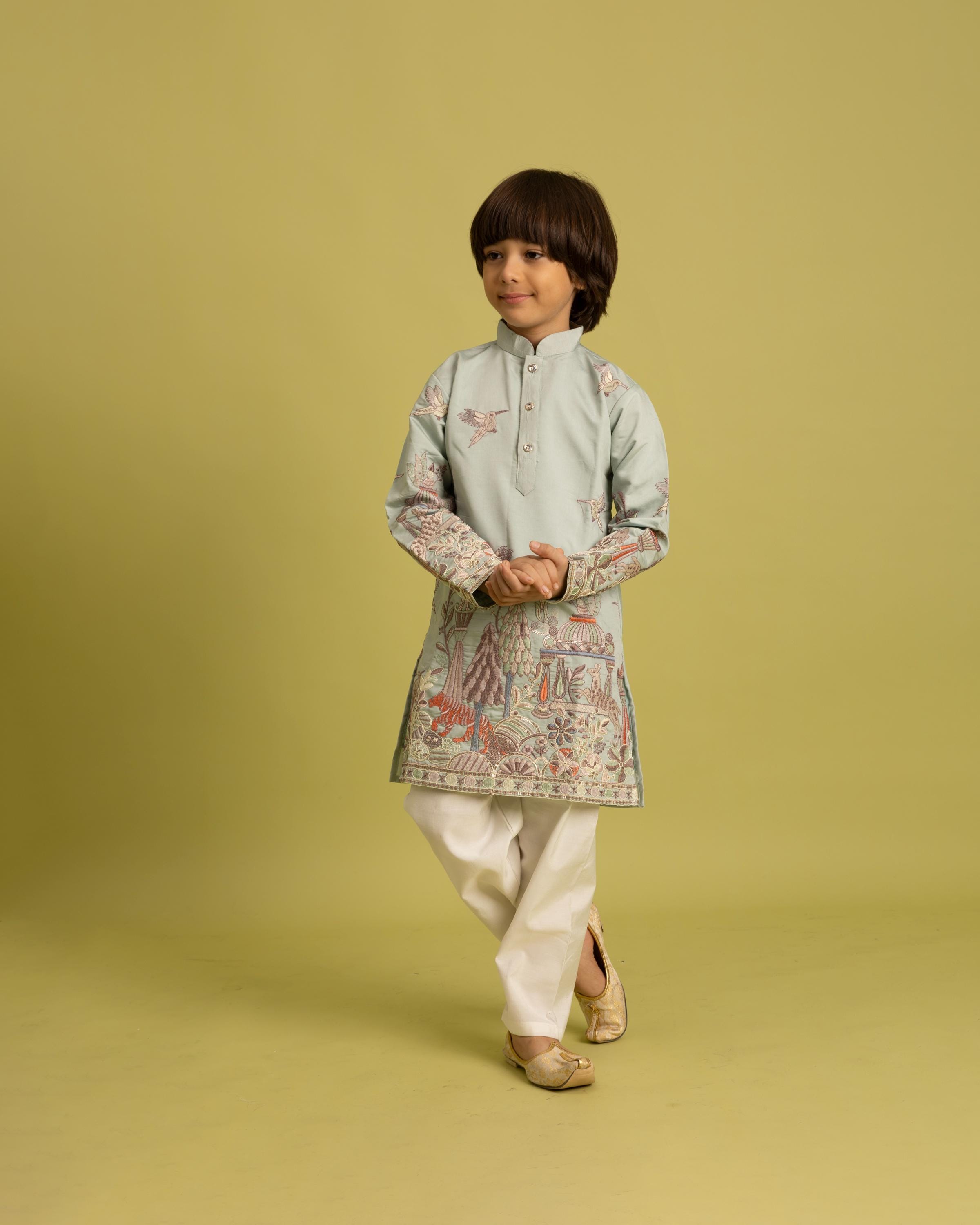 Kids Pista Silk Kurta Pajama, Multicolor Embroidery, Diwali Outfit