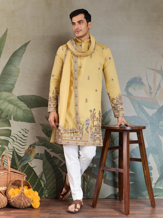 Indian Yellow Embroidered Viscose Silk Men's Kurta Set: Indian Wedding Attire