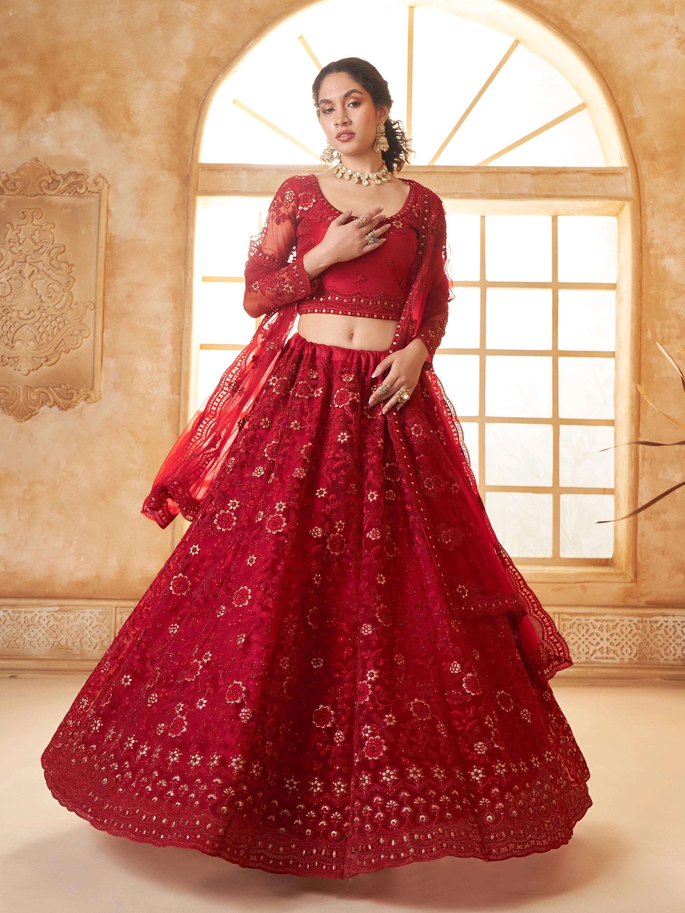 lehenga dress red Red Silk Bridal Lehenga Set with Two Dupattas