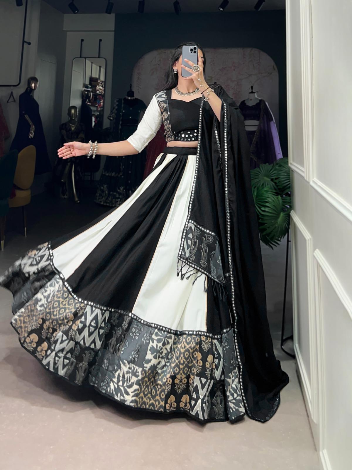 Black Printed  Plain Rayon Lehenga with Mirror Lace and Gota Patti Sparkle