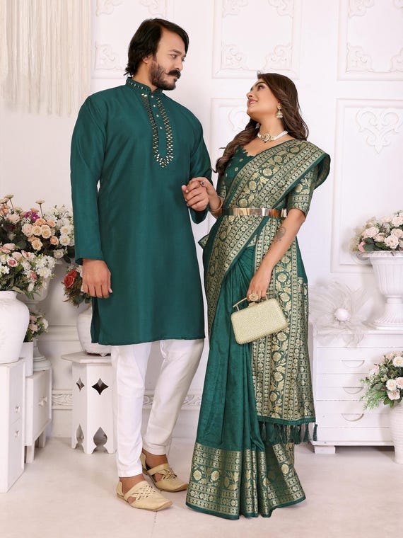 green saree matching groom dress Bride in Mint Green Saree and Gold Jewellery with Groom in Grey Suit Jacket & Black Bow Tie