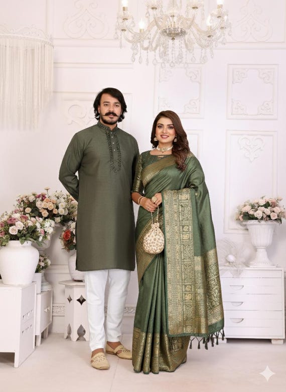 Emerald Green Dola Silk Saree & Silky Kurta Set | Jacquard Weave Indian Outfit Emerald Green Dola Silk Saree & Silky Kurta Set | Jacquard Weave Indian Outfit