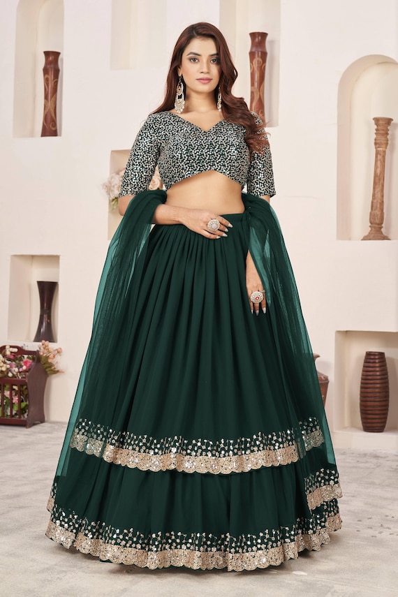 Green Sequin Zari Embroidered Lehenga Choli, Pakistani Bridal Wear