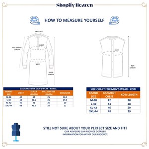 May include: Image with size charts for men's wear, including kurta and koti measurements. Diagrams illustrate how to measure chest, shoulder, and other dimensions. The Shopify Heaven logo is at the top.