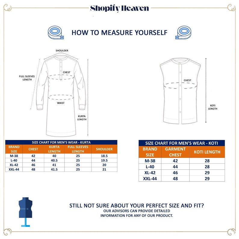 May include: Image with size charts for men's wear, including kurta and koti measurements. Diagrams illustrate how to measure chest, shoulder, and other dimensions. The Shopify Heaven logo is at the top.