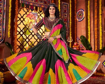 Black Gajji Silk Lehenga Choli: Digital Print Mirror Work, Navaratri Outfit