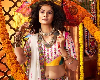 Gajji Silk Lehenga Choli: White & Purple Indian Dress, Mirror Work Garba Outfit