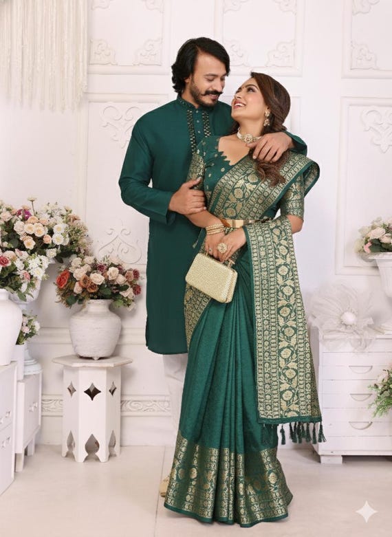 Emerald Green Dola Silk Saree & Kurta Pyjama Set | Indian Wedding Outfit
