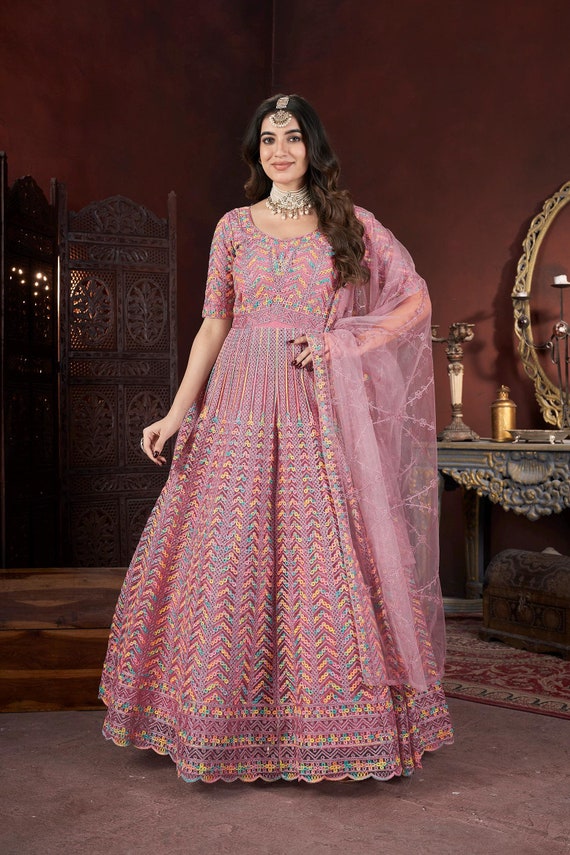 white christmas dresses Designer Peach Shimmer Printed Party Wear Gown With Pearl Work For Girls