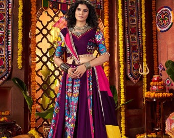 Purple Navaratri Lehenga Choli: Digital Print Mirror Work Chaniya Choli