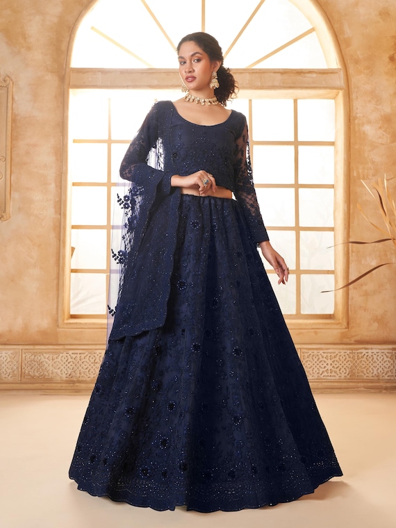 blue lehenga dress Royal Blue Lehenga Choli: Georgette Lace Wedding Dress