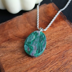 Agatized Banded Chrysocolla Malachite Turquoise Stainless Steel Pendant Necklace