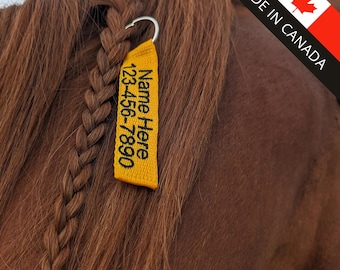 Etiquetas equinas de emergencia de una sola cara con doble forro, trenzadas, para mantas. Llavero bordado personalizado con nombre/número de teléfono.