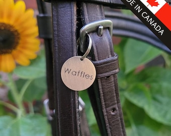 Etiqueta de latón grabada a medida para brida, pequeño dije redondo para aparejos de caballo.