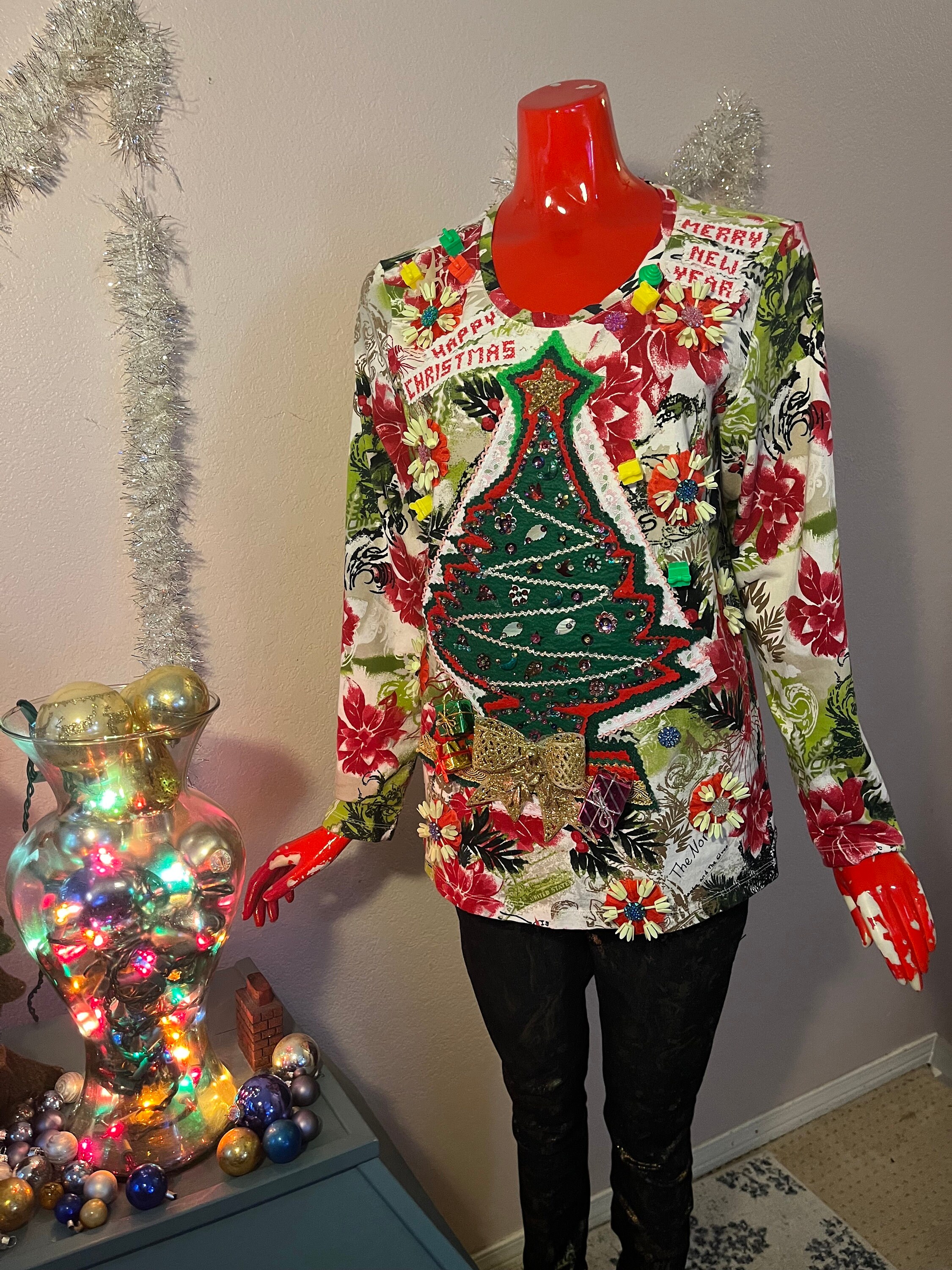 FLAMINGO Ugly Christmas Sweater Boa Feathers Tacky Lights Up Women's small