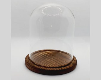 Beautiful Glass Cloche With Wood Base;  Glass Display With Natural Wood Base; Cover Dome Cloche ; Dark Wood Base with Glass housing; Rustic