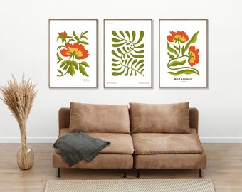 Tropical Botanical Art Set, Printable Wall Art Set of 3, Digital Download Wall Poster, Living Room Plant Decor, Minimalist Print.