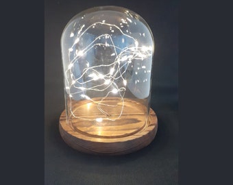 Beautiful Glass Cloche - Natural Wood Base with Fairy Light; Glass Display With Wood Base; Cover Dome Cloche; Wood Base with Glass housing