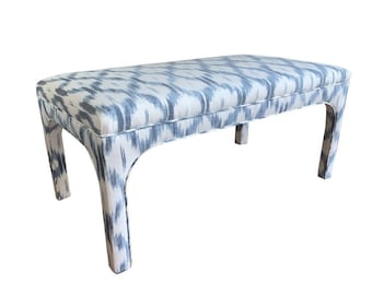 Accent Bench, End of Bed, Foyer, Upholstered seat and legs, Design YOUR OWN with any fabric,(Pic Schumacher Santa Monica Ikat Indigo 176502)