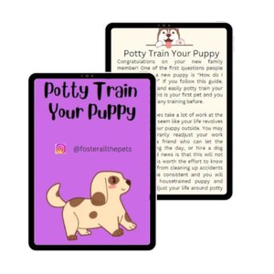 May include: Two digital illustrations of a puppy on a purple and beige background. The text on the image reads "Potty Train Your Puppy" and "@fosterallthepets".