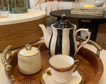 Grace teaware black and white teapot, black and white stripes teapot, gift mom, gift for her, Grace teaware black teapot, mom