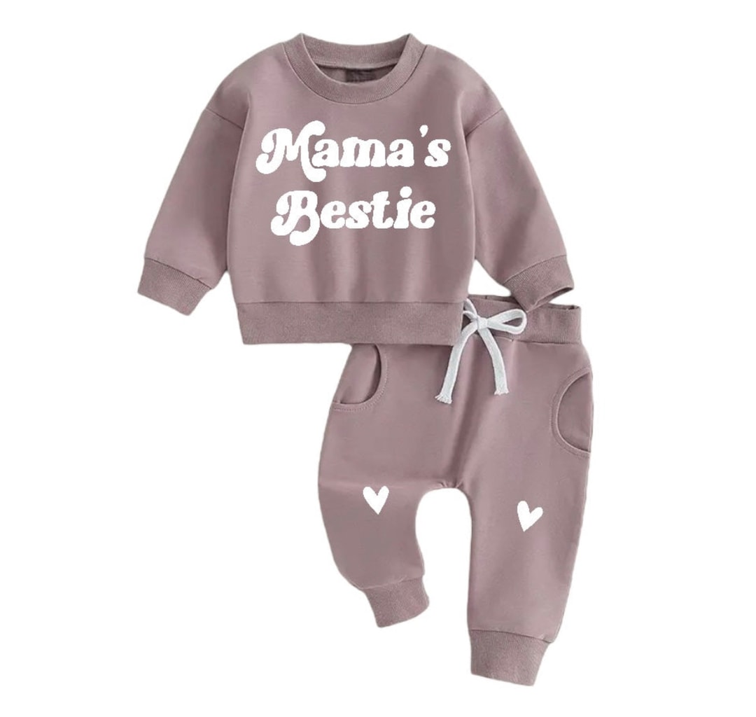 Geagodelia Toddler Baby Girl Clothes Outfits Long Sleeve Sweatshirt Trouser Sets Fall Winter Mamas Bestie Print Tracksuit, Pink, 18-24 Months