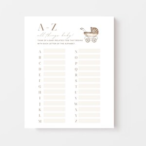 A-Z Baby Shower Game Stroller Baby Shower Baby A-Z Game Alphabet Baby ...