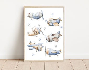 Arte de pared de avión de acuarela para habitación de bebé / Impresión de avión vintage para habitación de bebé niño / Habitación de avión / Decoración neutra para habitación de niño