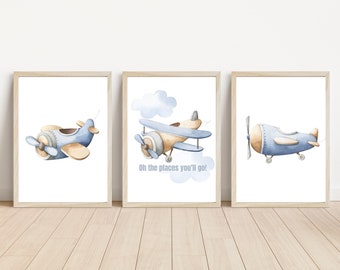 Oh The Places You'll Go Quote | Airplane Nursery Print | Watercolor Airplane Nursery Decor  | Boy Nursery | Blue Beige Nursery | Airplanes