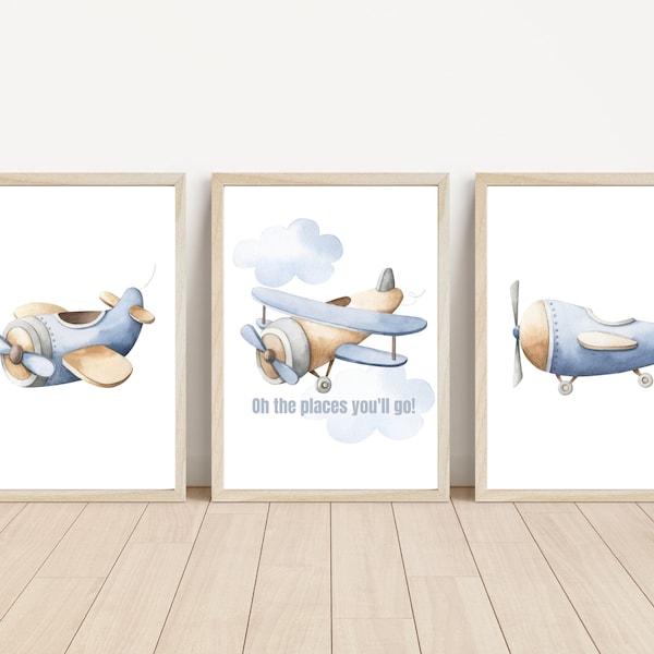 Oh The Places You'll Go Quote | Airplane Nursery Print | Watercolor Airplane Nursery Decor  | Boy Nursery | Blue Beige Nursery | Airplanes