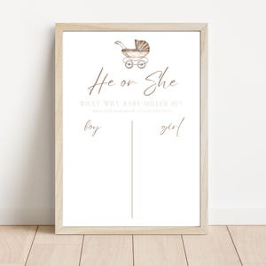 He or She | What Will Baby Be Sign | Gender Guess | Minimalist Baby Shower | Gender Neutral Beige Reveal | Gender Reveal Game | Carriage
