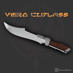 May include: A silver and brown vibro-cutlass with a curved blade and a wooden handle. The text "VIBRO CUTLASS" is displayed in orange above the weapon.