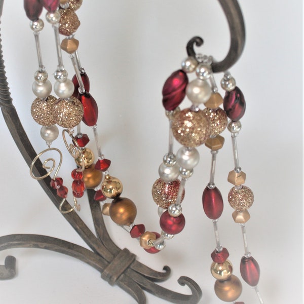 Exquisite Vintage Christmas Decor luxury garland, xl strand, exceptionally reflective, handpainted beads. CLASSIC RED/GOLD. Antiqued glass.