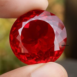 Peut inclure: Une grosse pierre précieuse rouge, ronde et à facettes. La gemme est tenue entre deux doigts, mettant en valeur sa taille brillante et sa couleur rouge profond. Les facettes de la gemme reflètent la lumière, créant un effet scintillant. Le mot "GEMBRAND" est visible.