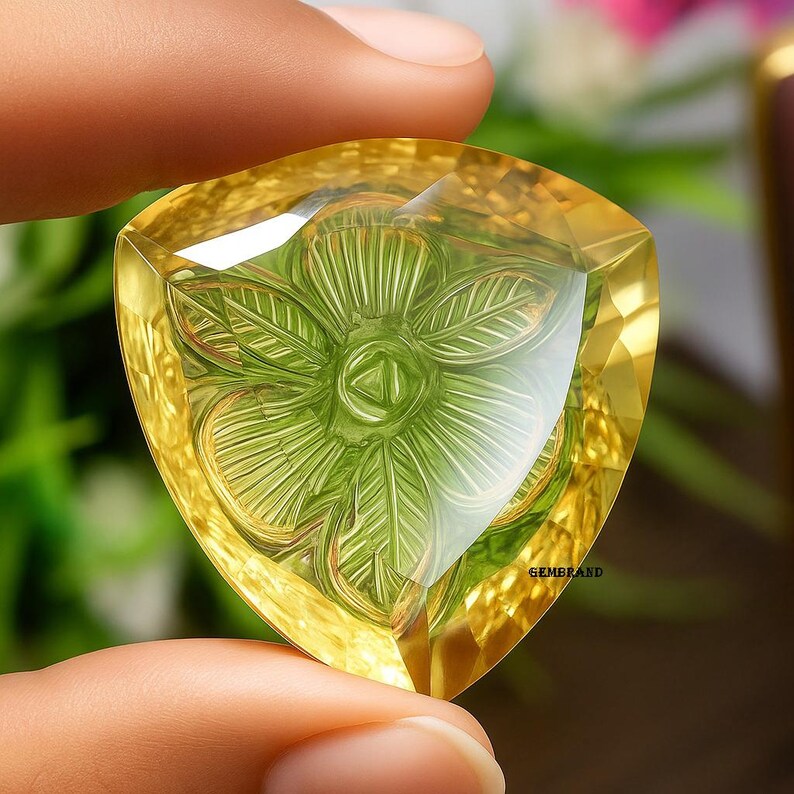 Puede incluir: Una gema triangular facetada con un dise&ntilde;o floral tallado. La gema es de color amarillo transl&uacute;cido con un tallado floral verde en el centro. La gema se sostiene entre dos dedos.