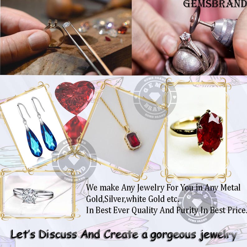 Puede incluir: Imagen que muestra la creaci&oacute;n de joyas y piezas terminadas. Incluye primeros planos de un joyero trabajando en un anillo y varios art&iacute;culos: pendientes azules en forma de l&aacute;grima, un anillo de diamantes, un collar con colgante de rub&iacute; y un anillo de rub&iacute;. Texto: "We make Any Jewelry For You..."