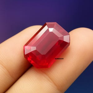May include: A faceted, rectangular-cut ruby gemstone. The gem is a deep, saturated red colour, with multiple facets that reflect light. The gemstone is held in a hand against a dark blue background. The word "GEMBRAND" is visible on the gem.