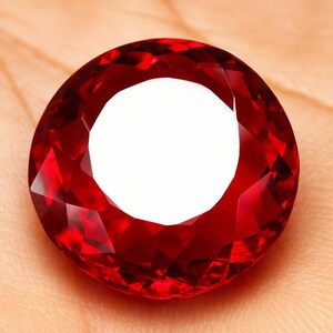 May include: A large, faceted, round, deep red gemstone with a bright white centre. The gem is held in a hand, showcasing its brilliant cut and colour. The gemstone's facets reflect light, creating a sparkling effect.