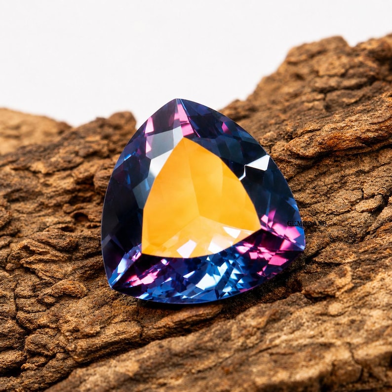 May include: A triangular gemstone with a vibrant color gradient. The gem transitions from a golden-yellow center to shades of blue and purple at the edges. The stone is set against a textured, brown wooden surface.