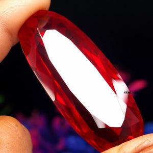 Può includere: Una gemma rossa sfaccettata e allungata con un interno bianco brillante. La gemma è tenuta tra due dita, mostrando le sue superfici lucide e il suo colore vibrante. La forma della gemma è un ovale lungo, con molteplici sfaccettature.