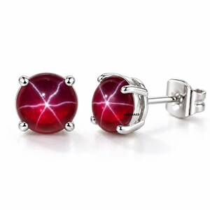 Natural Star Ruby Earrings, 6 Ray Ruby Star Studs, Round Cabochon Red Ruby Earrings, 925 Sterling Silver, Gold Plated Gemstone Jewelry 7MM