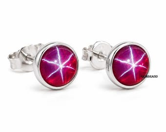 Natural Star Ruby Stud Earrings 925 Sterling Silver Genuine Red Star Ruby Cabochon Studs July Birthstone Jewelry Gift Her Handmade Earrings