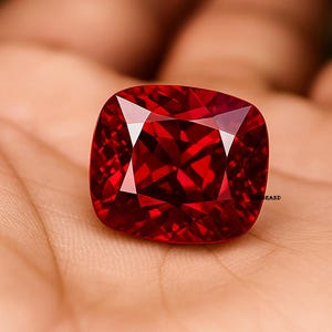 May include: A cushion-cut, faceted, deep red gemstone. The gem has sharp angles and a high degree of clarity, reflecting light. The stone is held in a hand, showcasing its color and brilliance. The gem is likely a ruby.