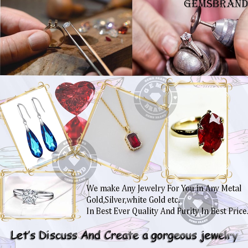 May include: An image showcasing jewelry craftsmanship and finished pieces. The image includes a diamond ring, ruby pendant necklace, teardrop earrings, and a ruby ring. Text in the image reads: "We make Any Jewelry For You in Any Metal Gold, Silver, white Gold etc."