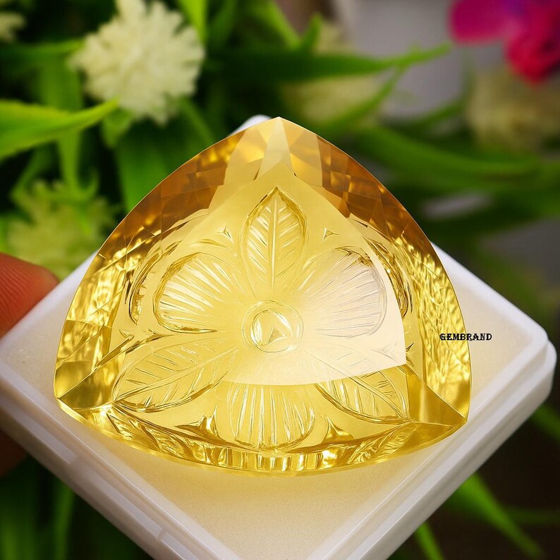 Puede incluir: Una piedra preciosa amarilla triangular y facetada con un dise&ntilde;o floral grabado. La gema est&aacute; colocada en una vitrina blanca. La palabra "GEMBRAND" es visible en la caja. El fondo presenta follaje verde y flores rosas.